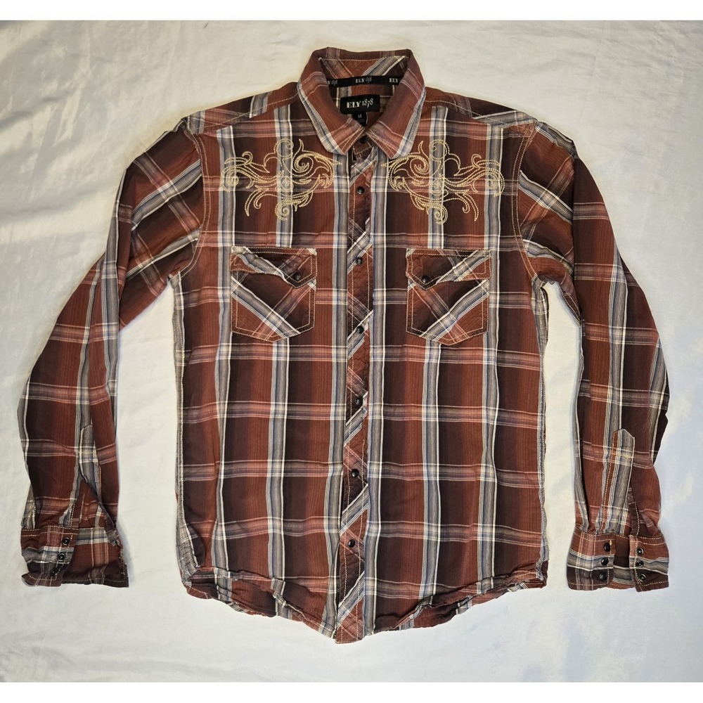 Ely Cattleman 1878 Western Snap Up Shirt Men's Medium Plaid Long Sleeve Casual